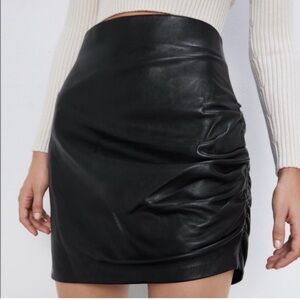 Zara faux leather ruched mini skirt. Back zipper, lined. Black. Size M. NWT